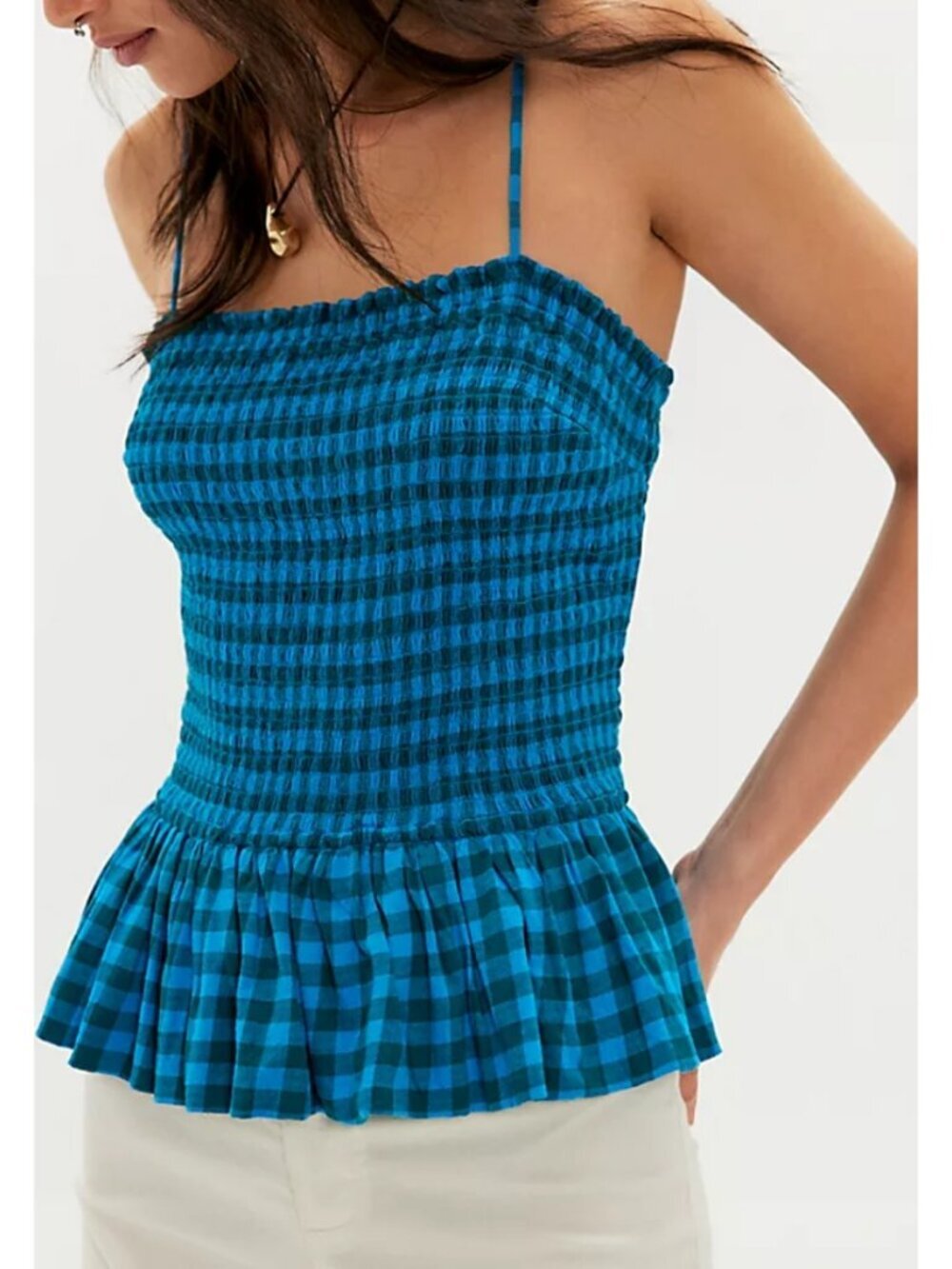Free People Sundance Tank Blue Smocked Ruffled Hem Peplum Lightweight Size M NWT